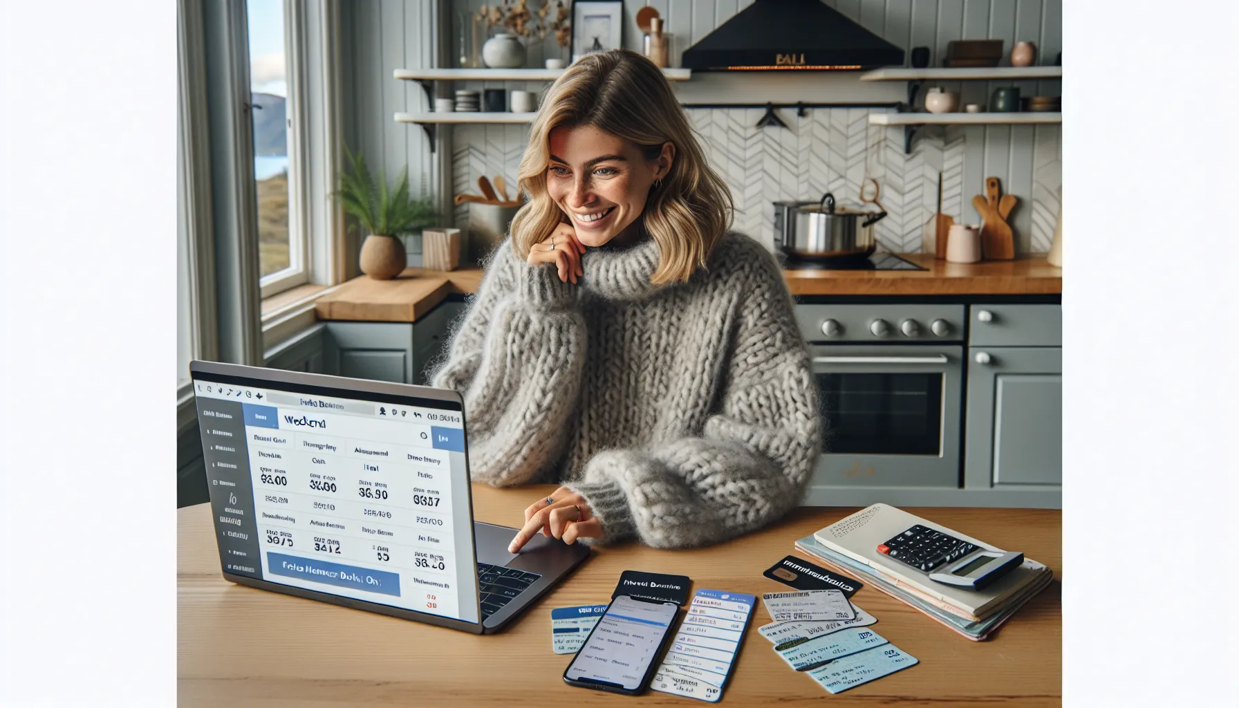 Norwegian woman planning a budget trip using membership discounts at home.