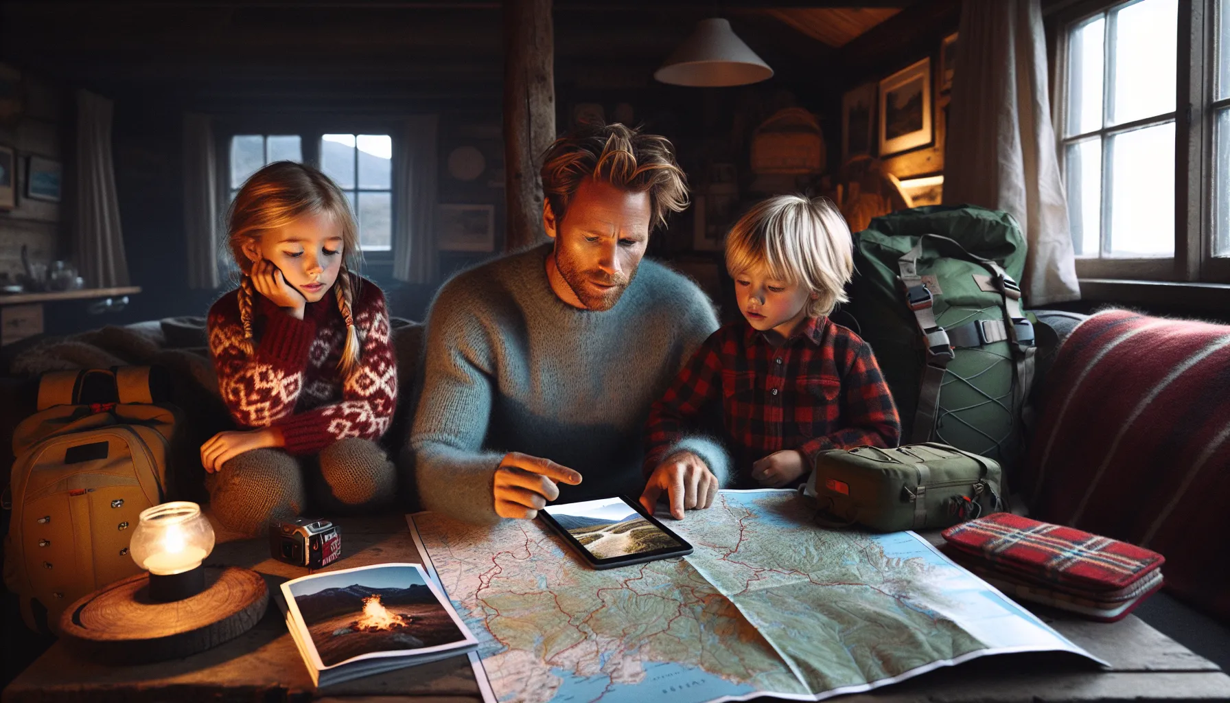 Norwegian family planning a child-friendly mountain hike around a map at home.