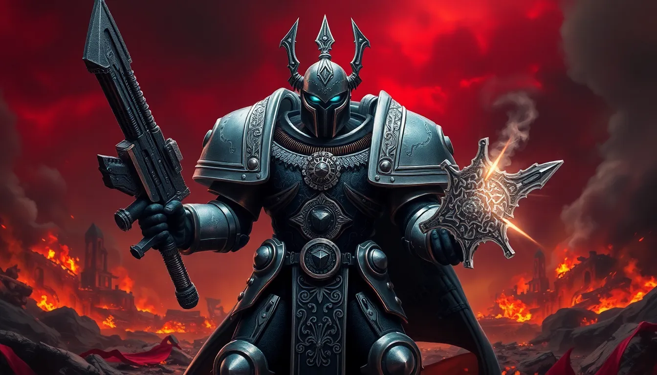 A Grey Knight Space Marine standing resolutely on a war-torn battlefield.