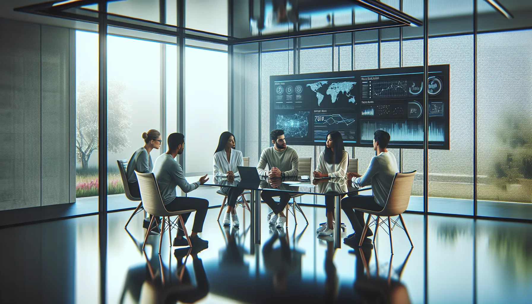 diverse team discussing data analytics in a modern office.