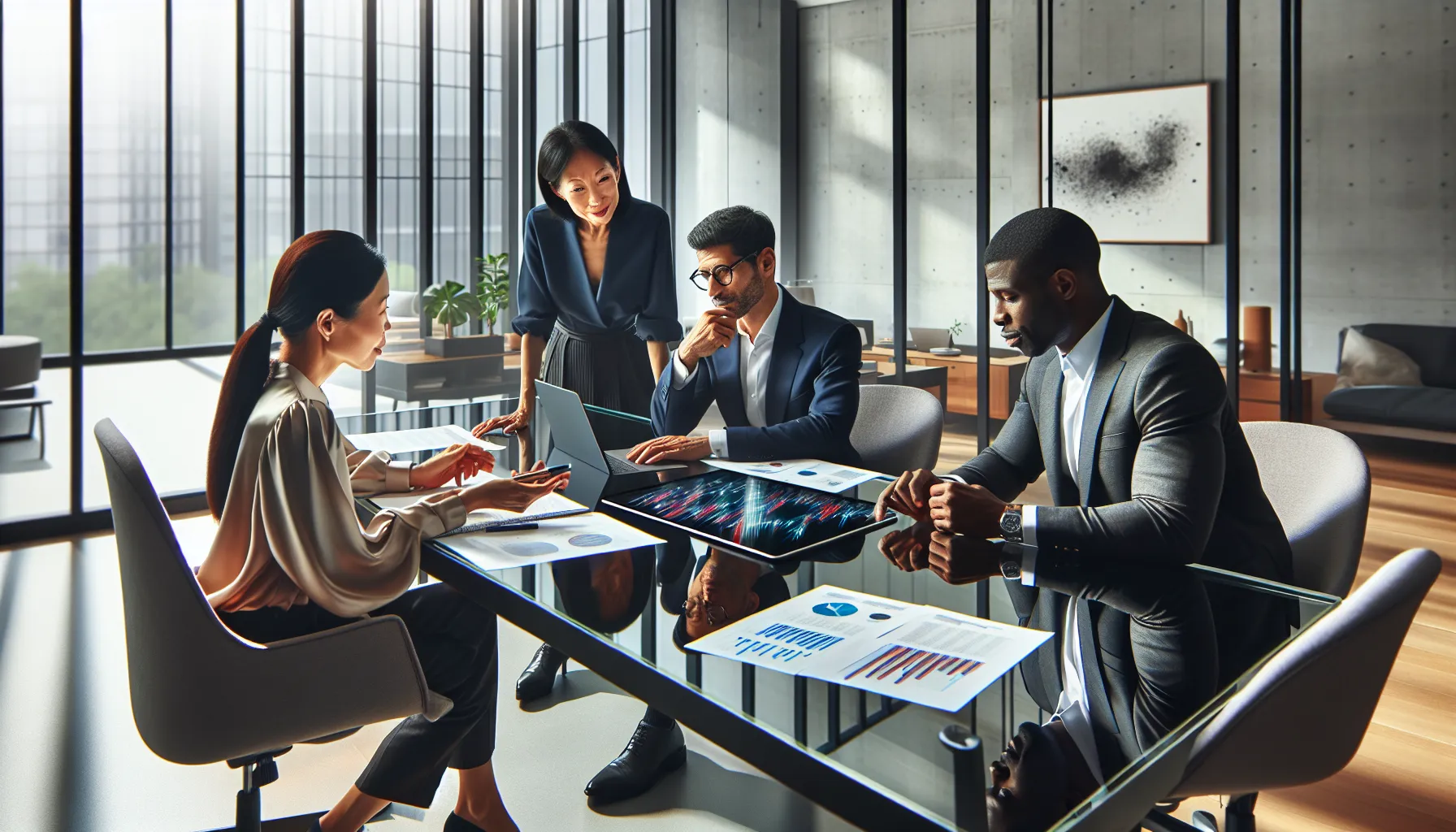 diverse financial advisors collaborating in a modern office setting.