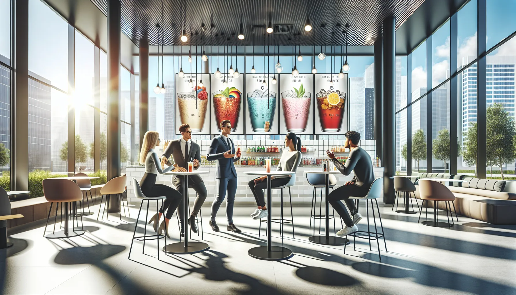 diverse group discussing beverage options in a modern café.