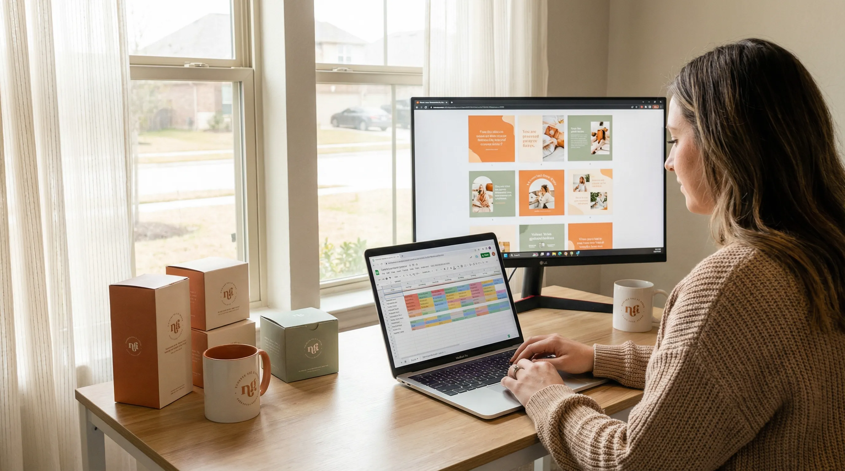 Business owner in a modern office reviewing a cohesive social media content calendar and on-brand post previews on screens.