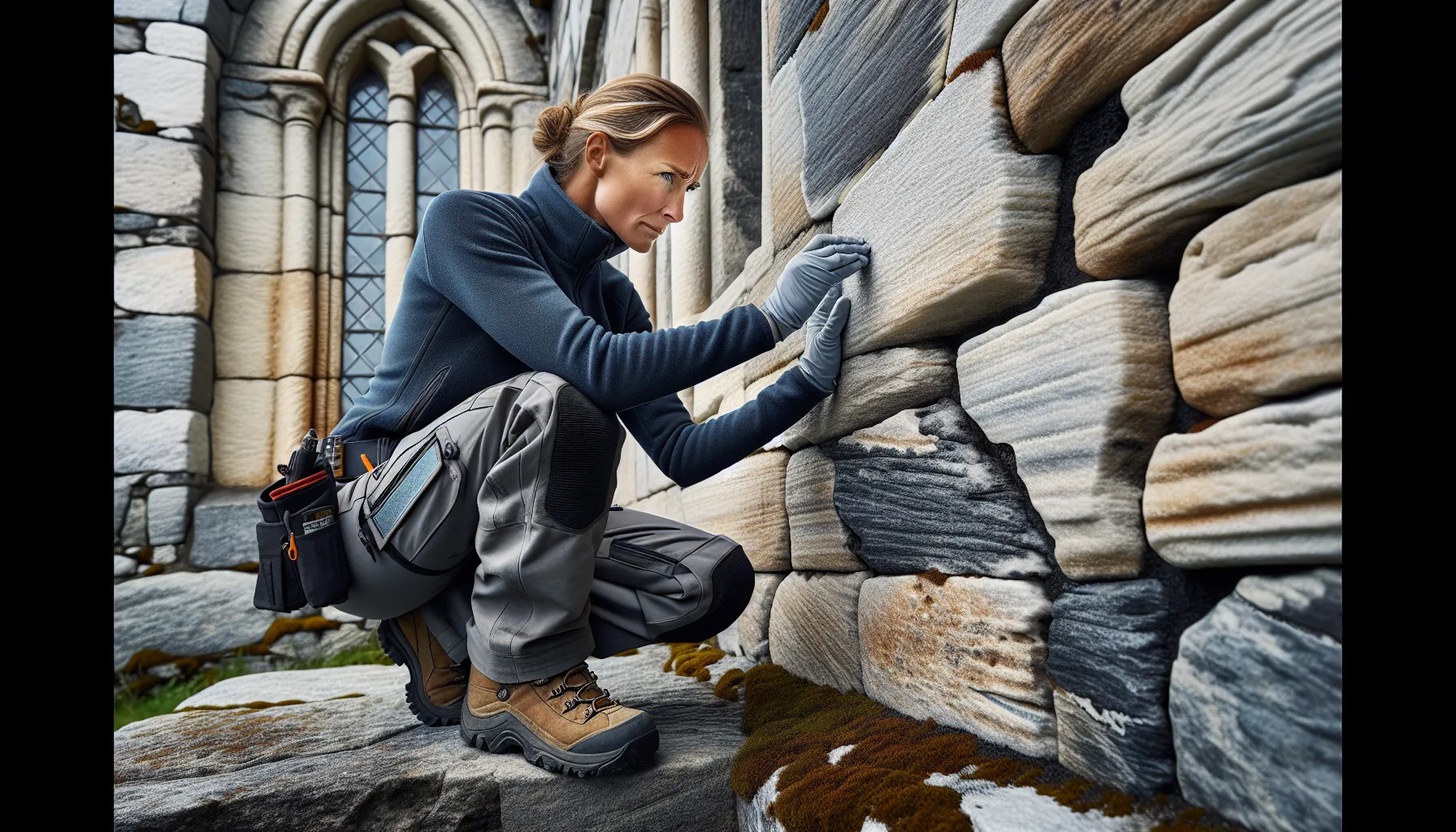 Conservator examining weathered stone wall of a norwegian medieval church for careful restoration.
