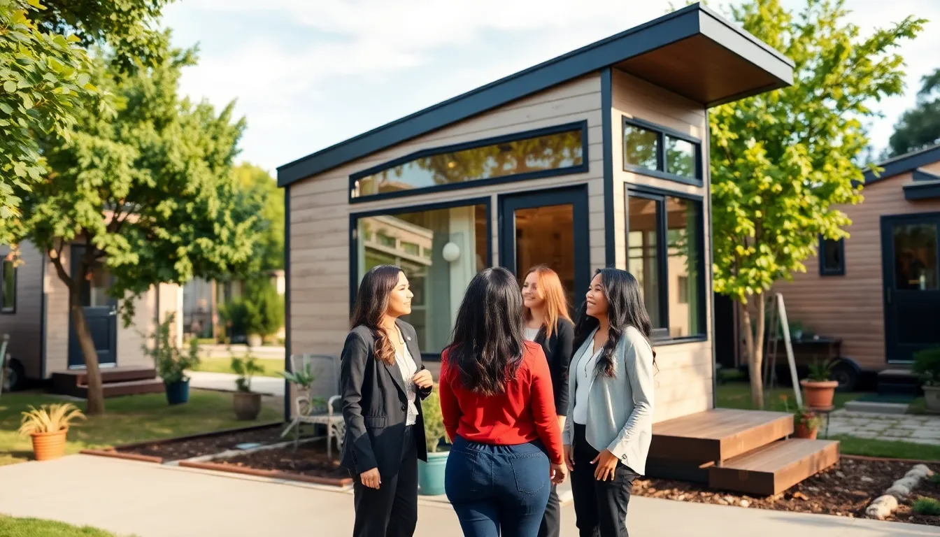 diverse group discussing modern tiny homes in Nashville.