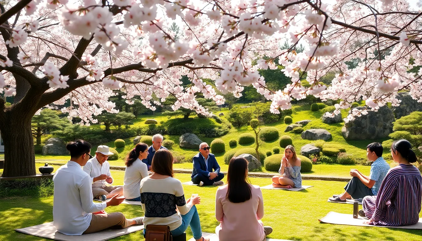 people enjoying a tranquil moment in a Japanese garden.