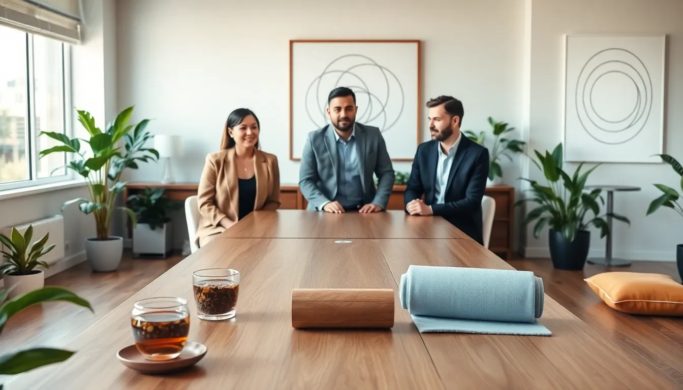 diverse professionals discussing holistic health in a modern, tranquil workspace.