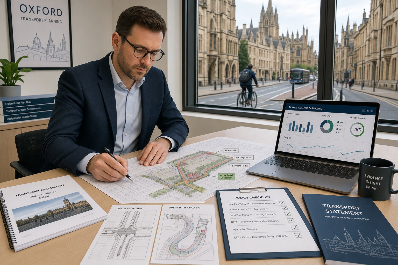 Traffic engineer reviewing Oxford planning and transport documents in a modern office.