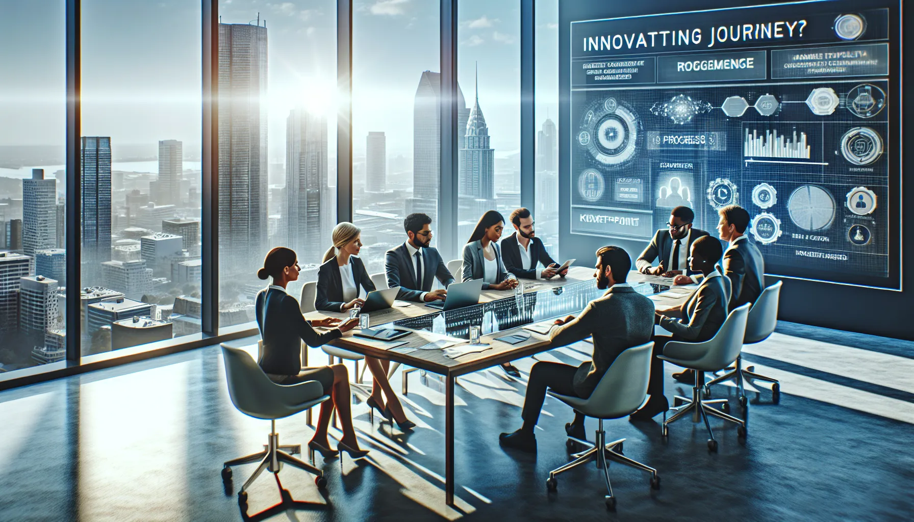 diverse team discussing technology in a modern office.