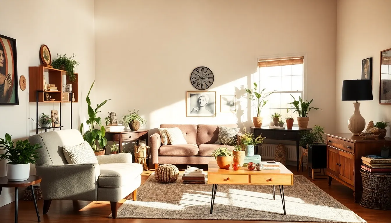 modern living room with upcycled furniture and creative decor.