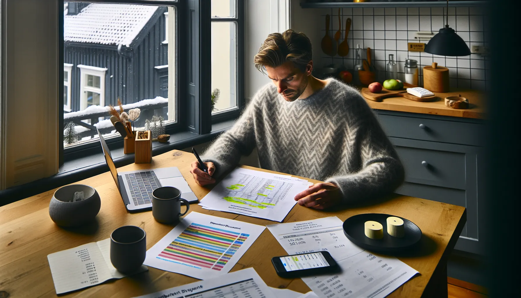 Norwegian adult reviewing expenses and membership discounts at a kitchen table.