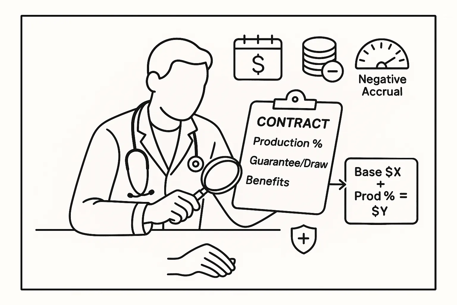 Veterinarian examining a contract with magnifying glass and compensation icons.