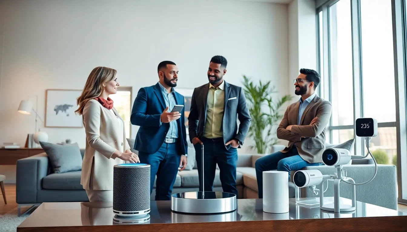 diverse professionals discussing IoT devices in a modern smart home.