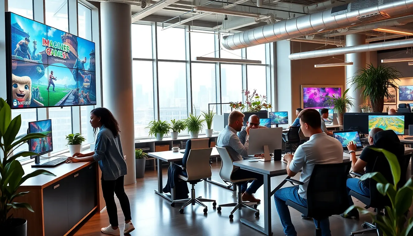 A modern Imagineer Games office with diverse employees working creatively.