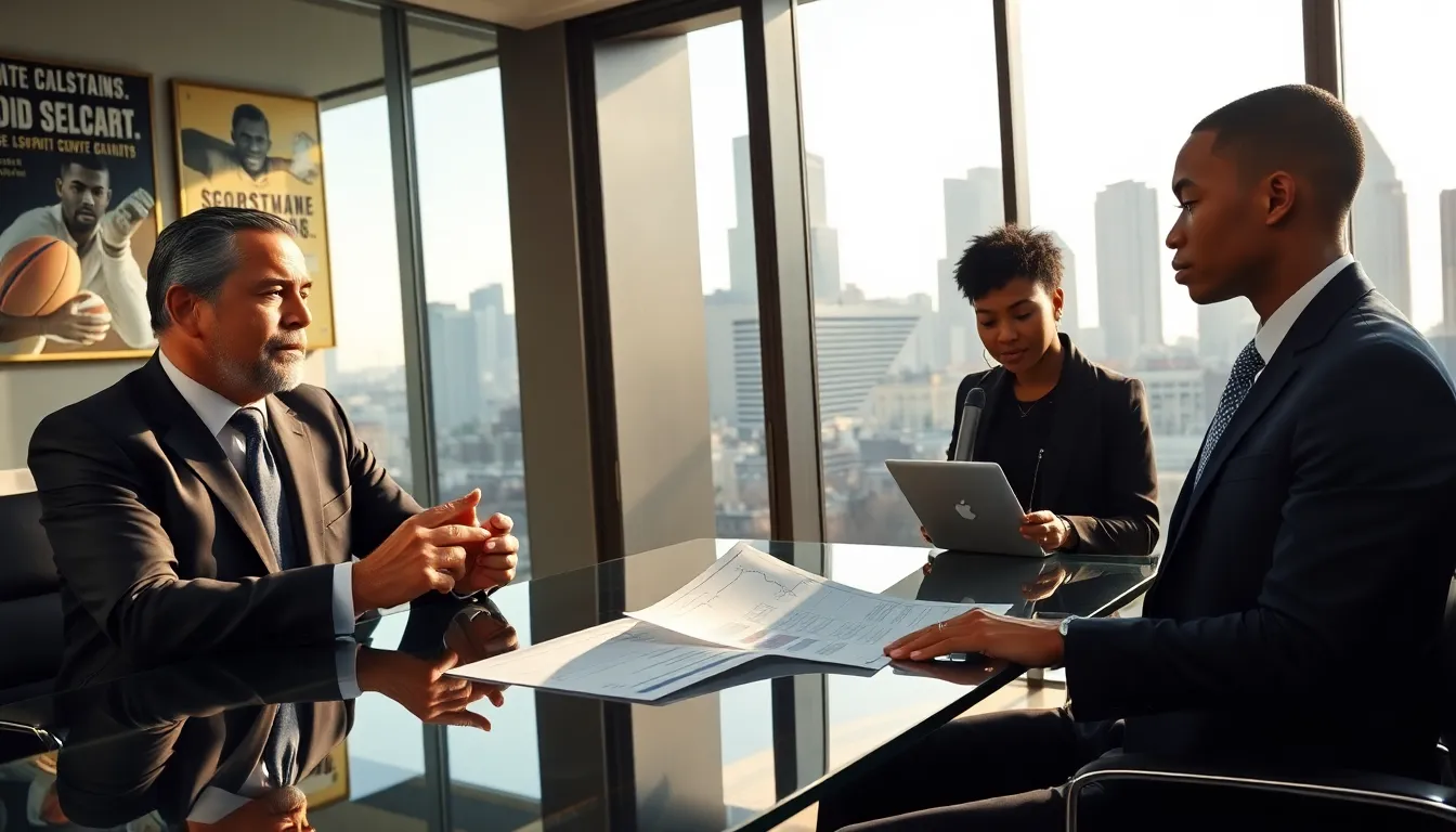 a sports agent discussing player contracts in a modern office.