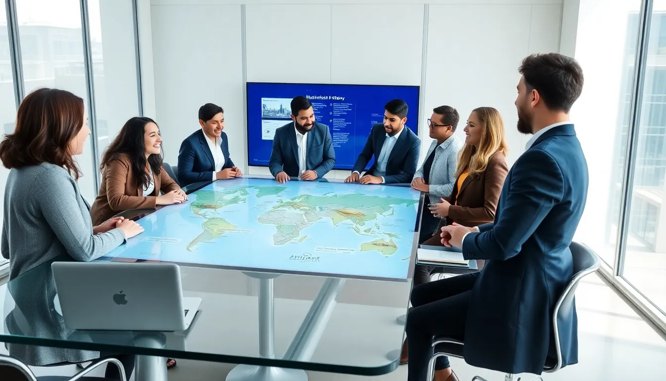 diverse professionals discussing historical sites in a modern office setting.