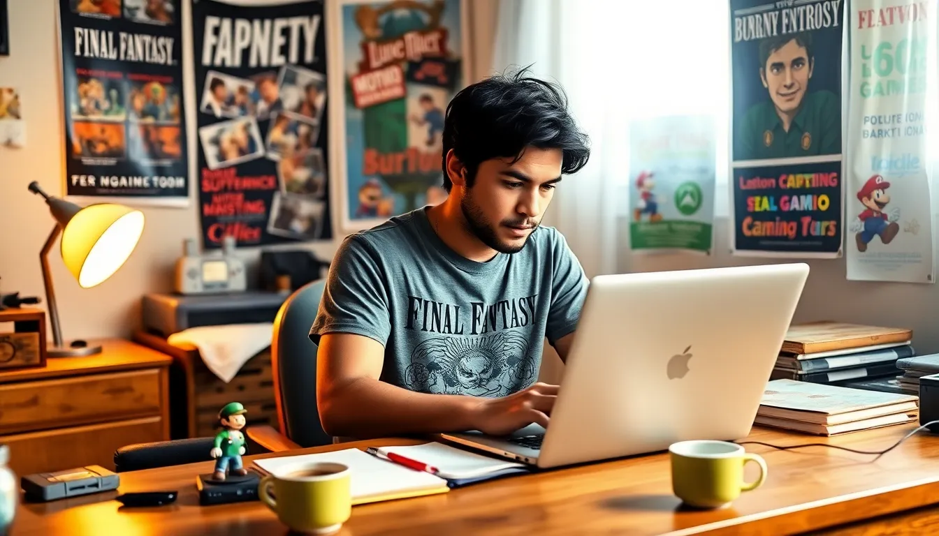 A young writer in a cozy room, surrounded by video game memorabilia.