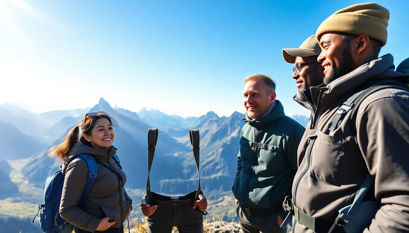 diverse team discussing adventure travel at a mountain vista.