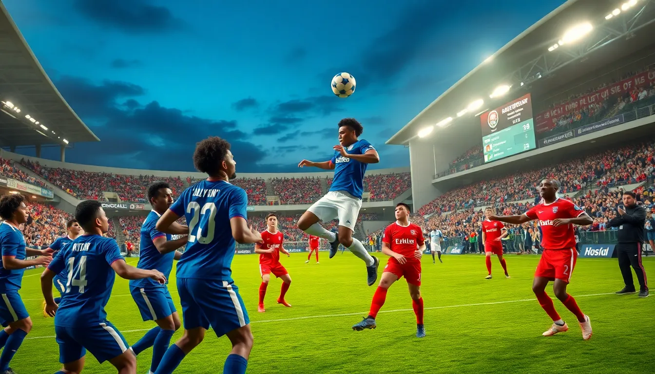 a football match with diverse players under stadium lights at dusk.