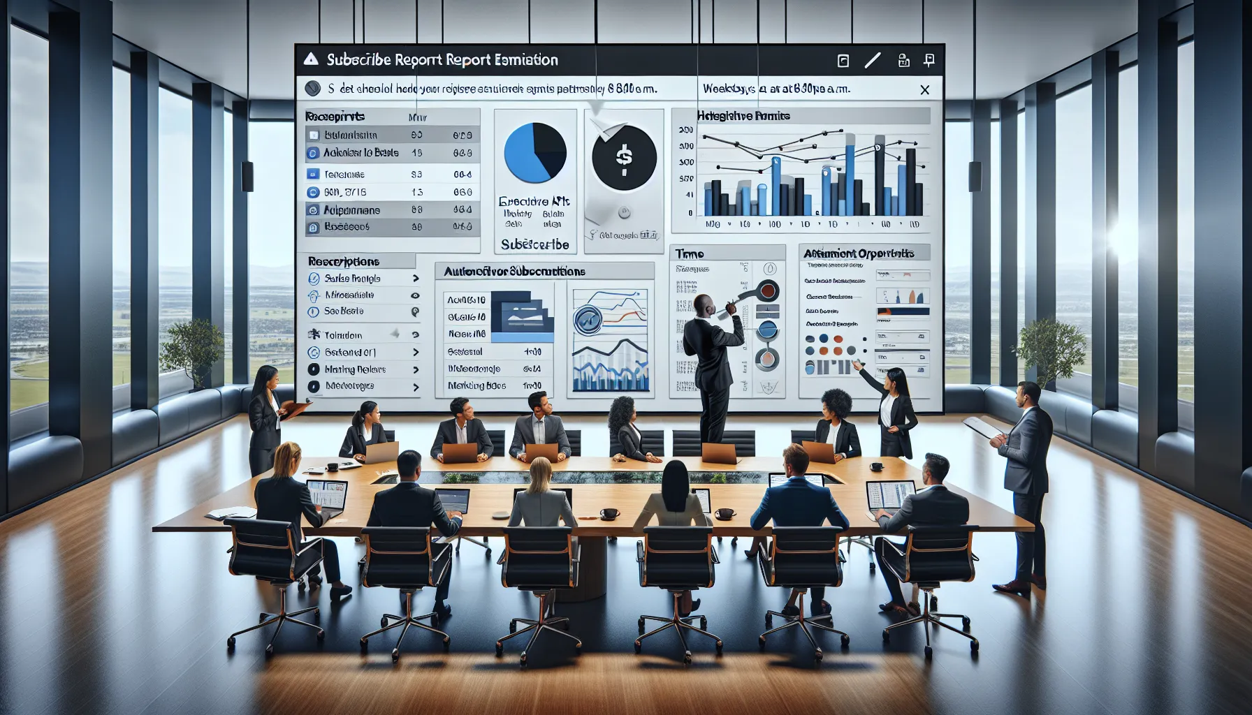 Professionals in a modern office reviewing automated Tableau email subscription reports on screens.