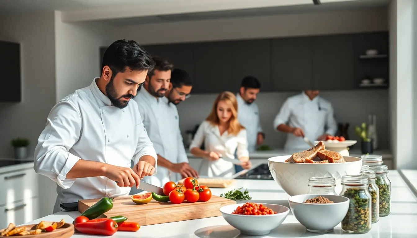 chefs preparing colorful ingredients in a modern kitchen.
