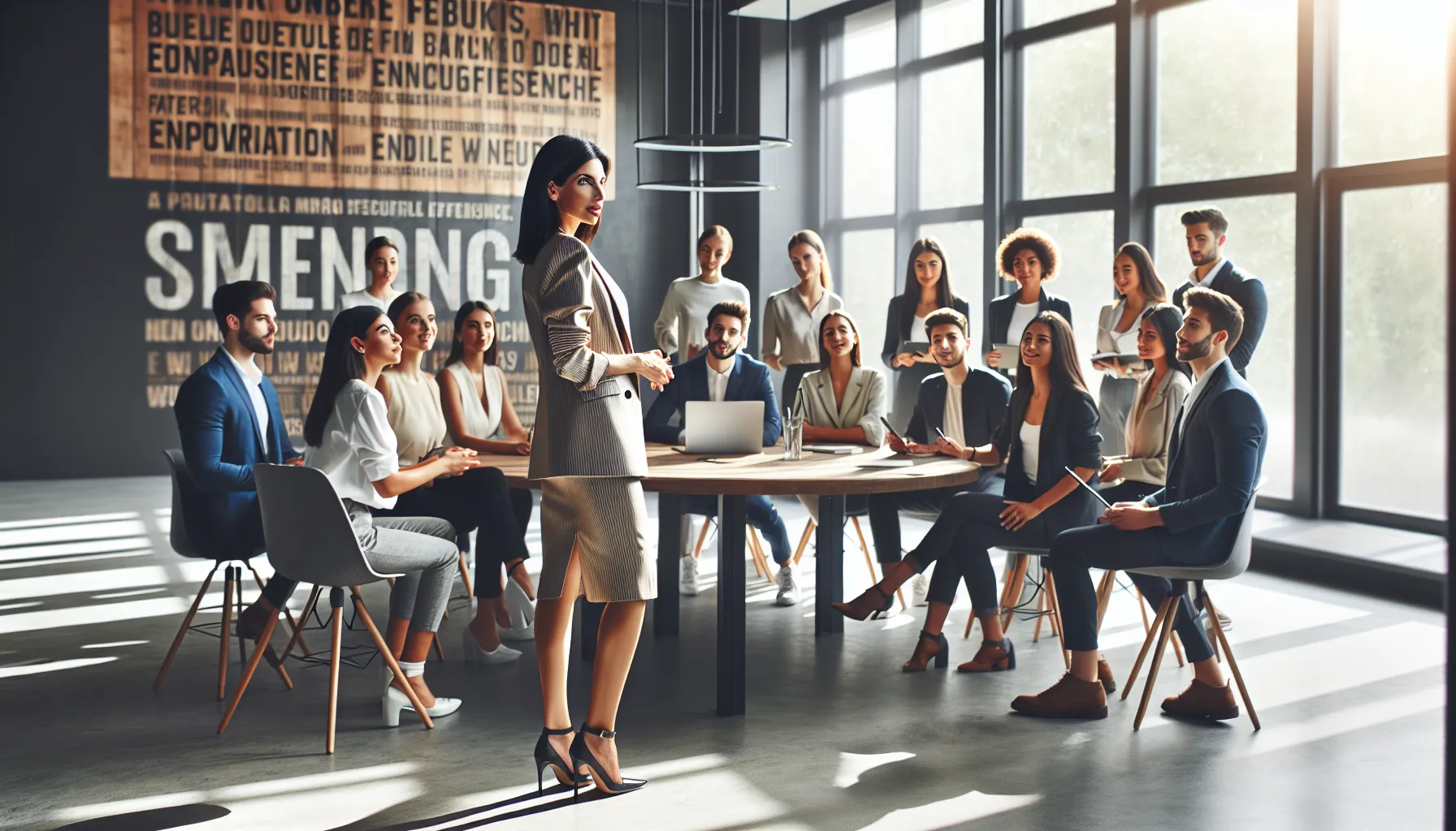 Chelseabby888 inspiring a diverse team in a modern office.