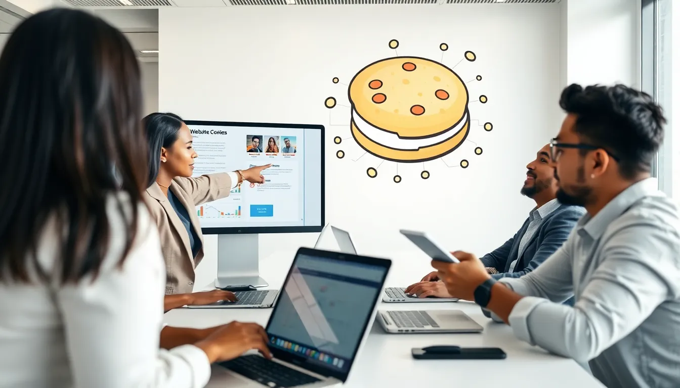 diverse team discussing website cookies in a modern office.
