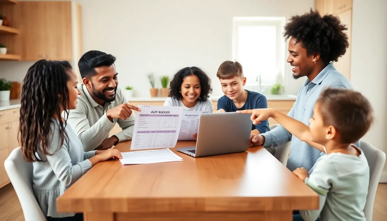 family discussing budget in a modern kitchen.