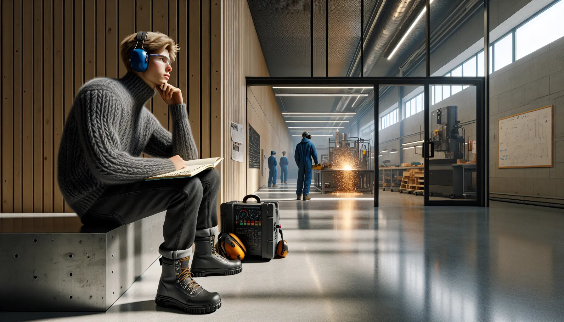 Student between workshop and study room in norway, contrasting learning paths.