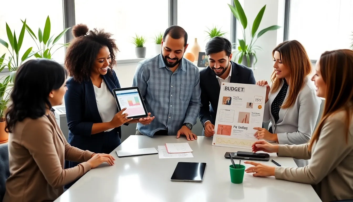 diverse team discussing budget-friendly event planning in a modern office.