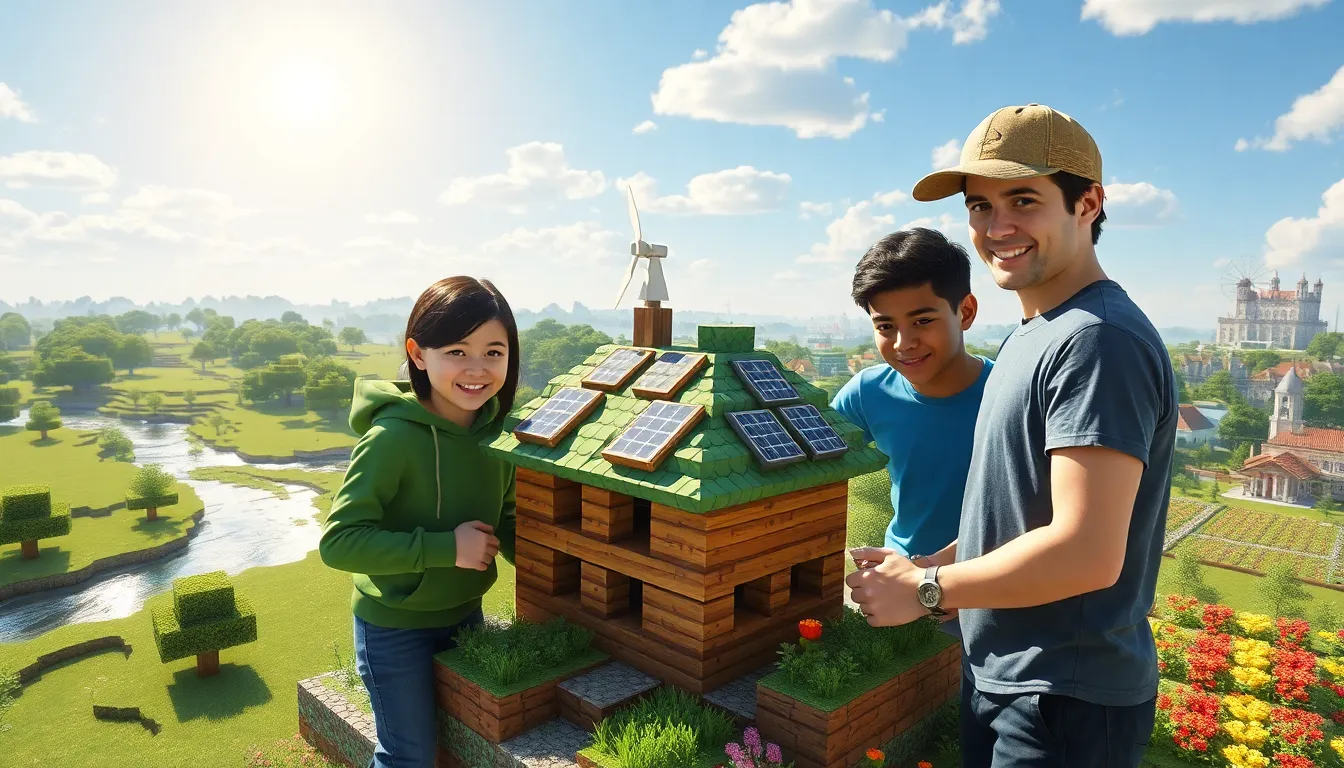 diverse Minecraft players building an eco-friendly house in a lush environment.