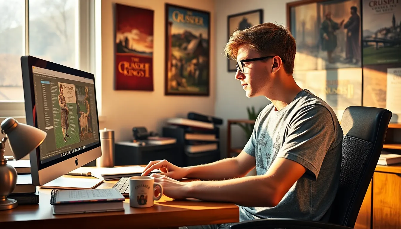 a young adult gaming in a cozy home office with medieval themes.