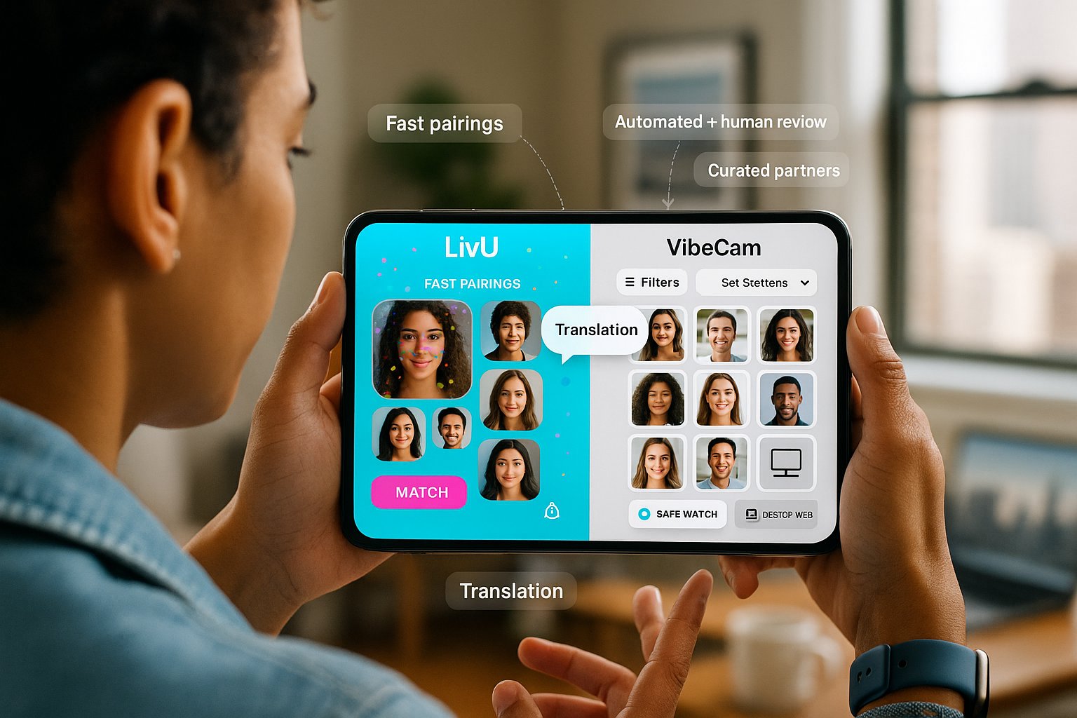 Person holding smartphone showing LivU vs VibeCam comparison screens.