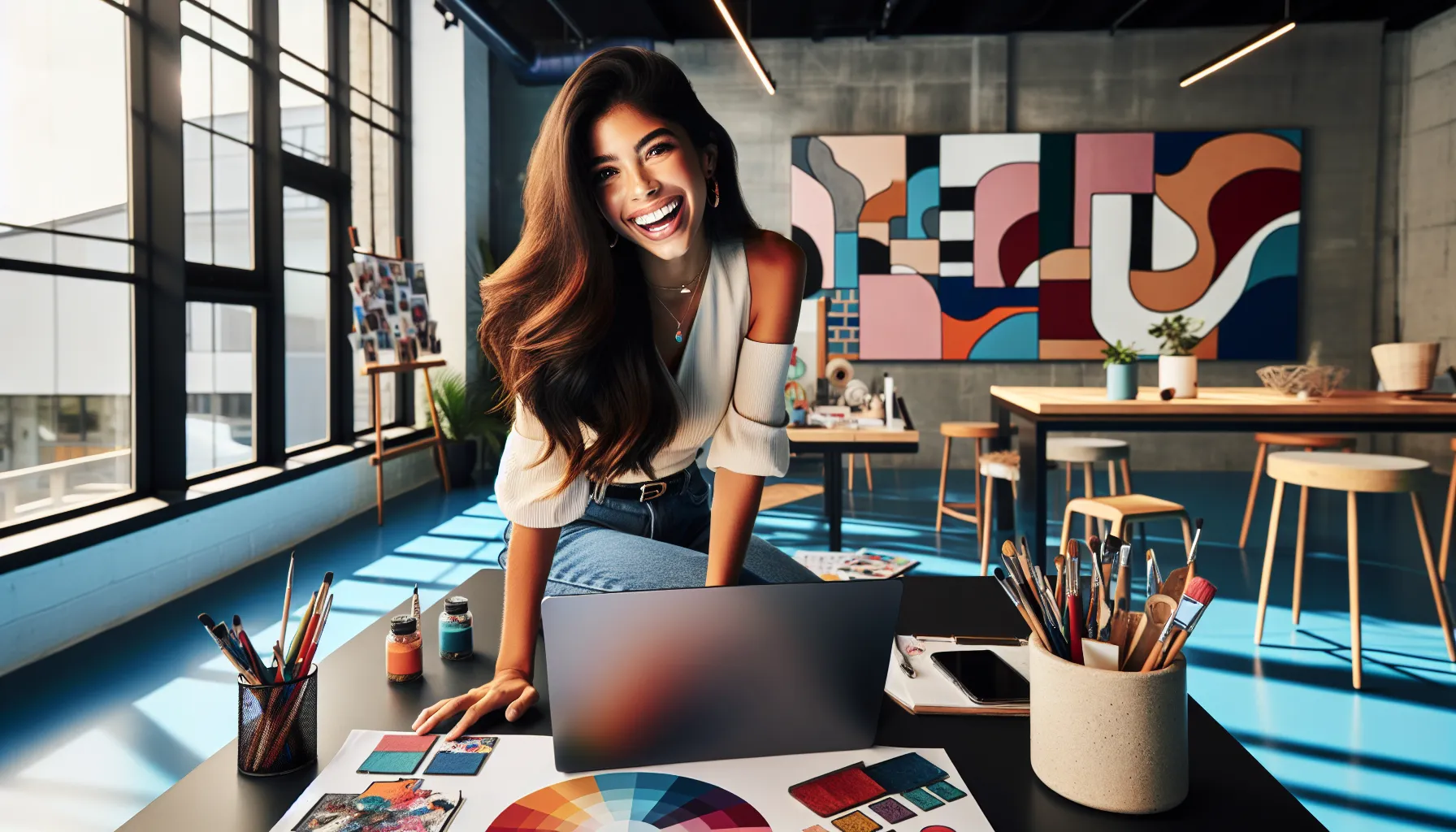 young woman creating content in a colorful modern studio.