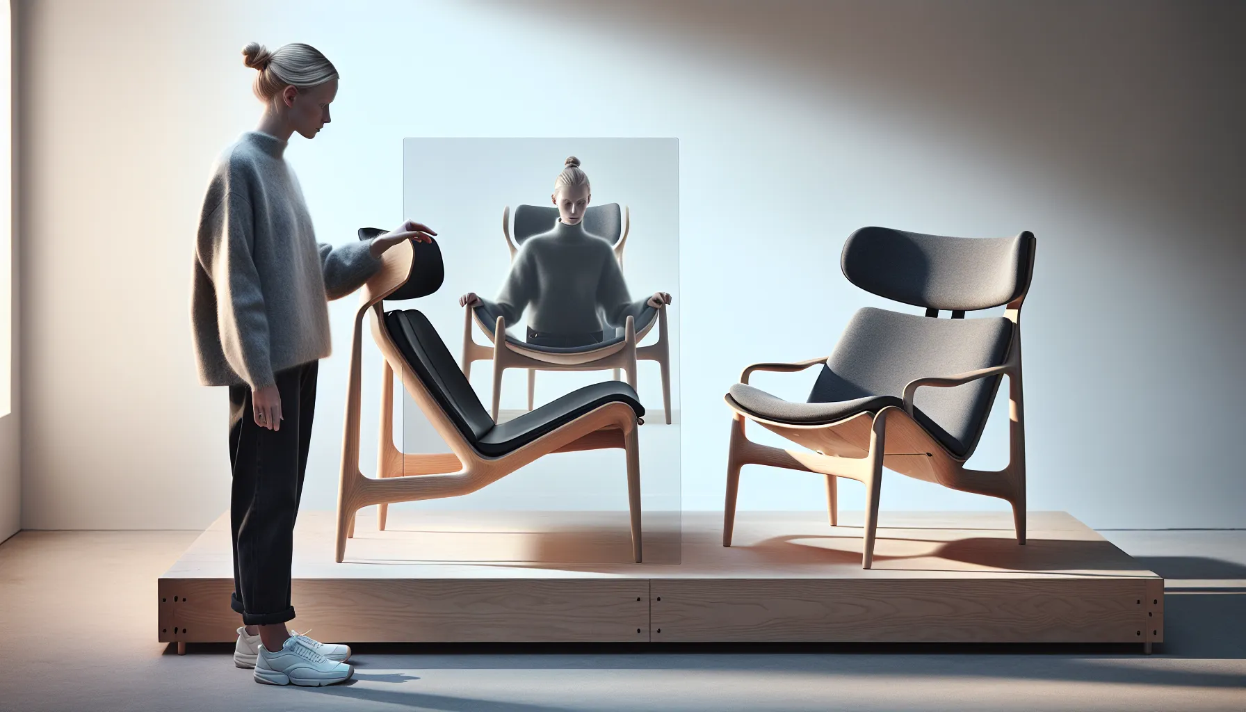 Kan du kopiere møbler eller interiørdesign uten å bryte regler? 2 Designer aligning a chair silhouette overlay over two near-identical chairs in oslo.