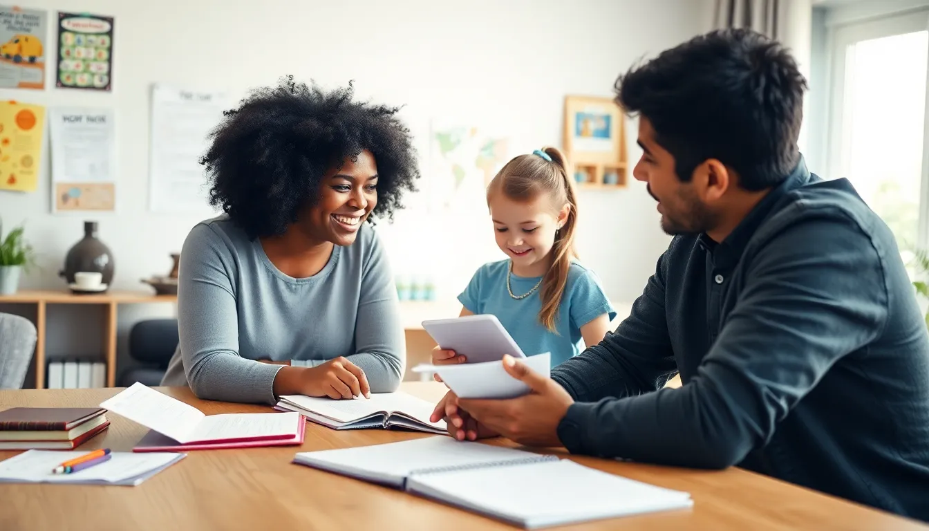 Parents discussing homework needs in a modern study environment.