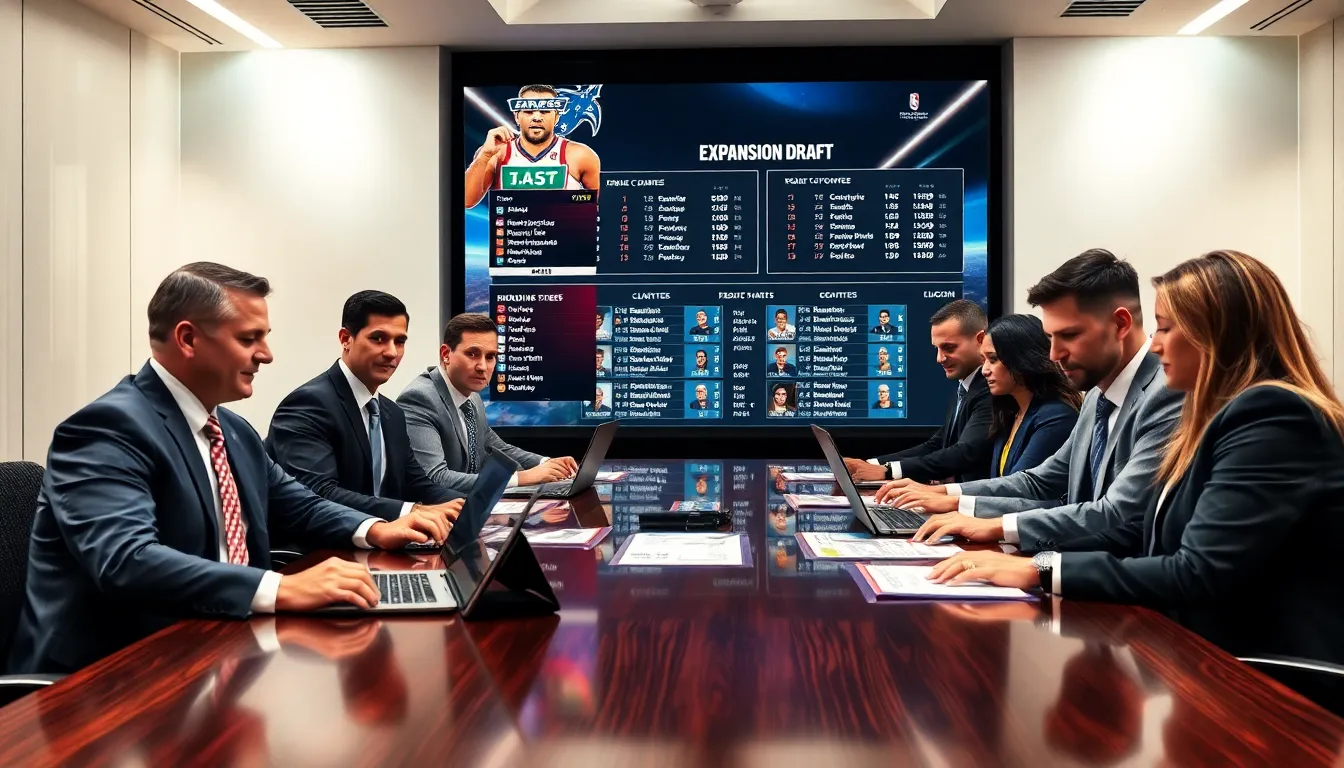 Executives discussing strategies during a sports expansion draft meeting.