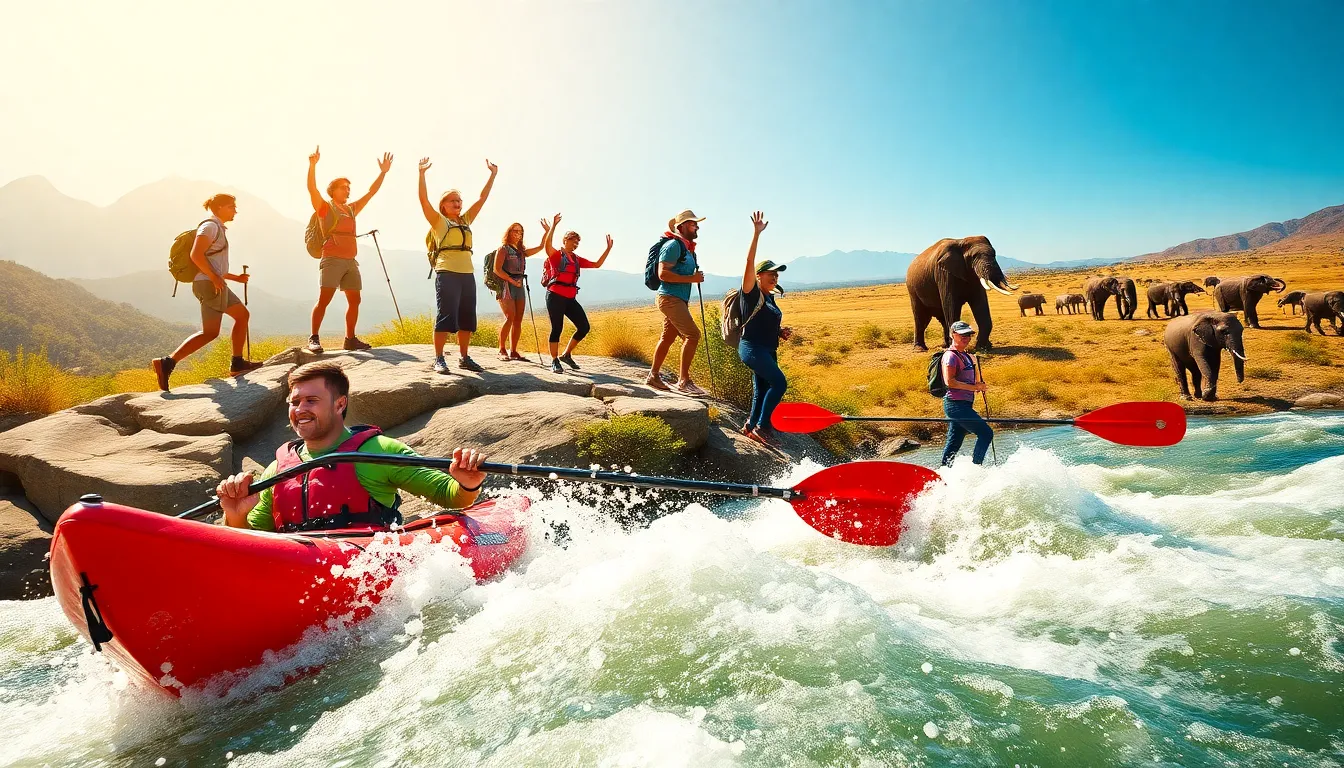 group of adventurers engaging in thrilling activities outdoors.