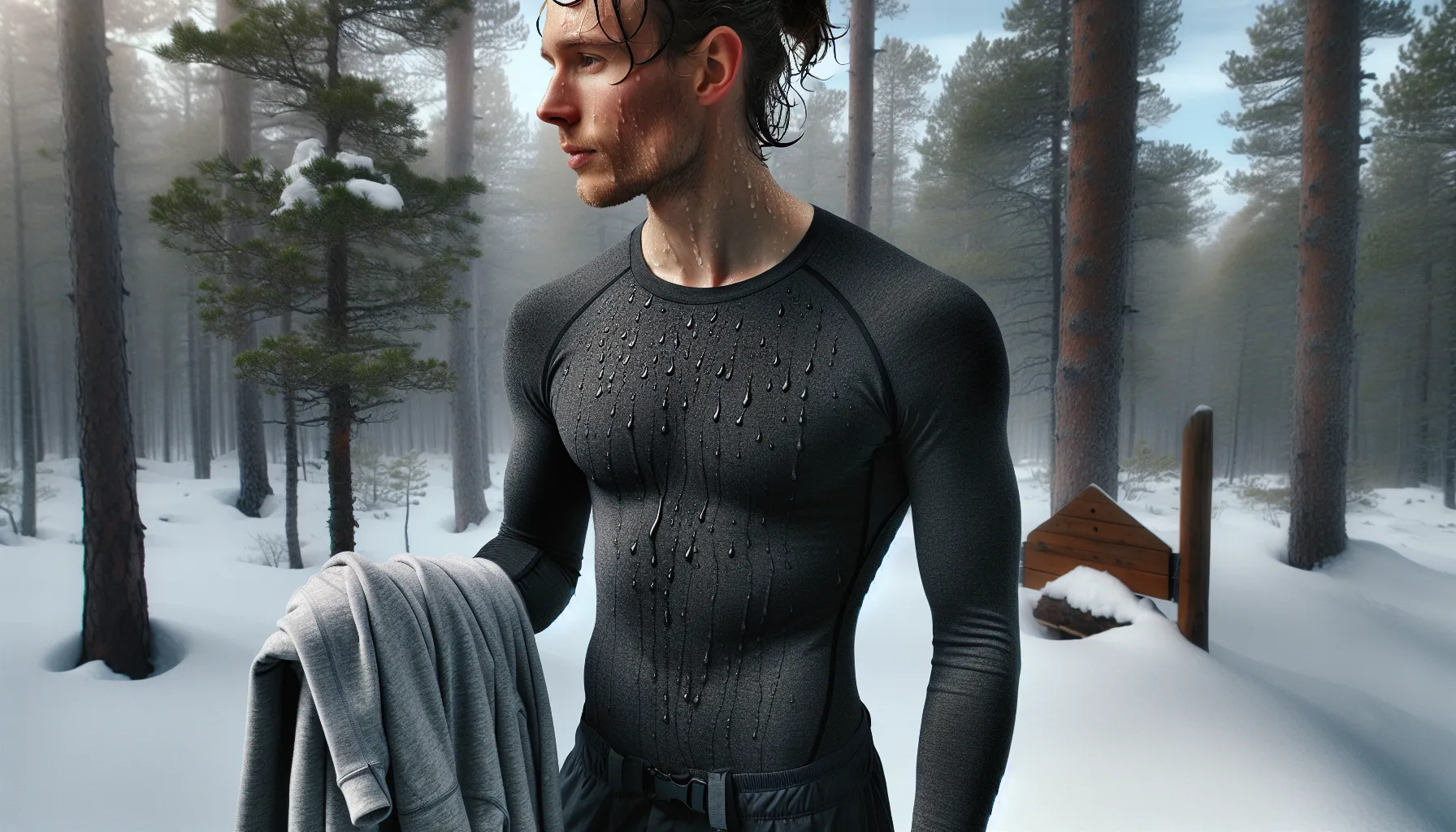 Norwegian hiker in merino wool baselayer comparing it with a wet cotton t-shirt.