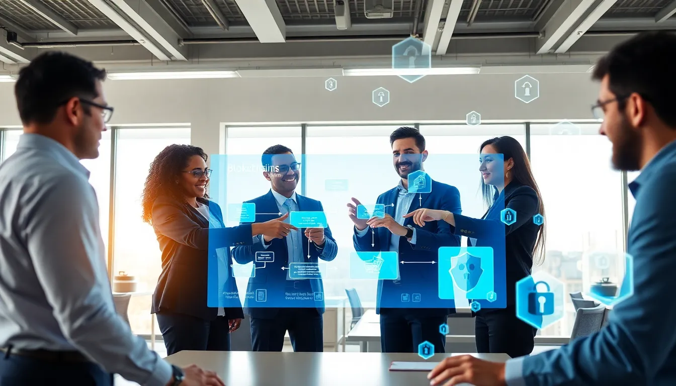 diverse team discussing blockchain technology in a modern office.