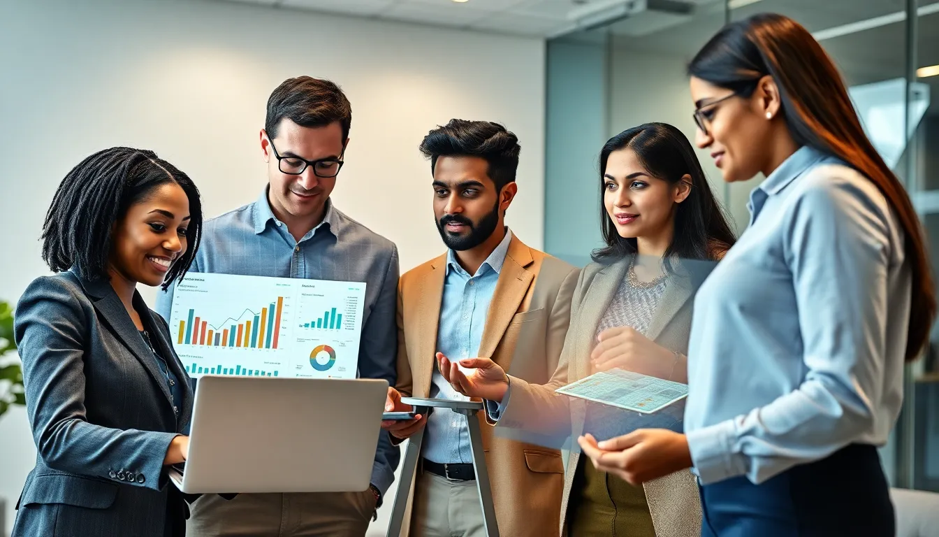 diverse fintech team discussing data analytics in a modern office.