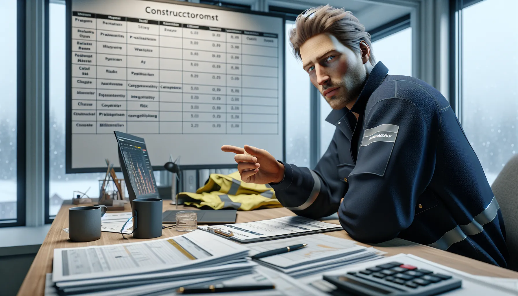 Norwegian project manager reviewing cash flow, margins, and risk documents at desk.