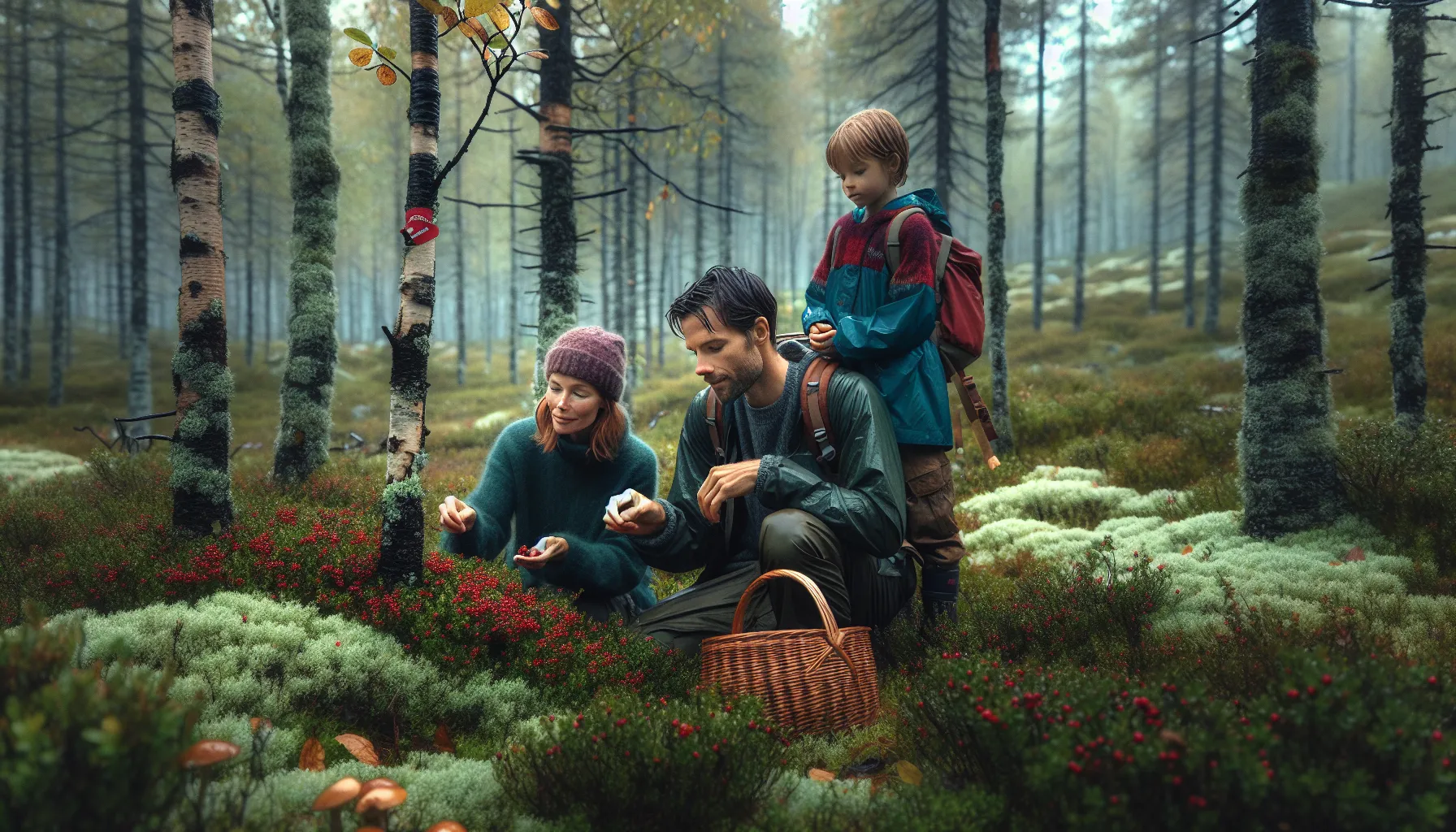 Slik planlegger du bærekraftige turer for sopp- og bærplukking 2 Norwegian family carefully picking berries and mushrooms, leaving plenty for wildlife.