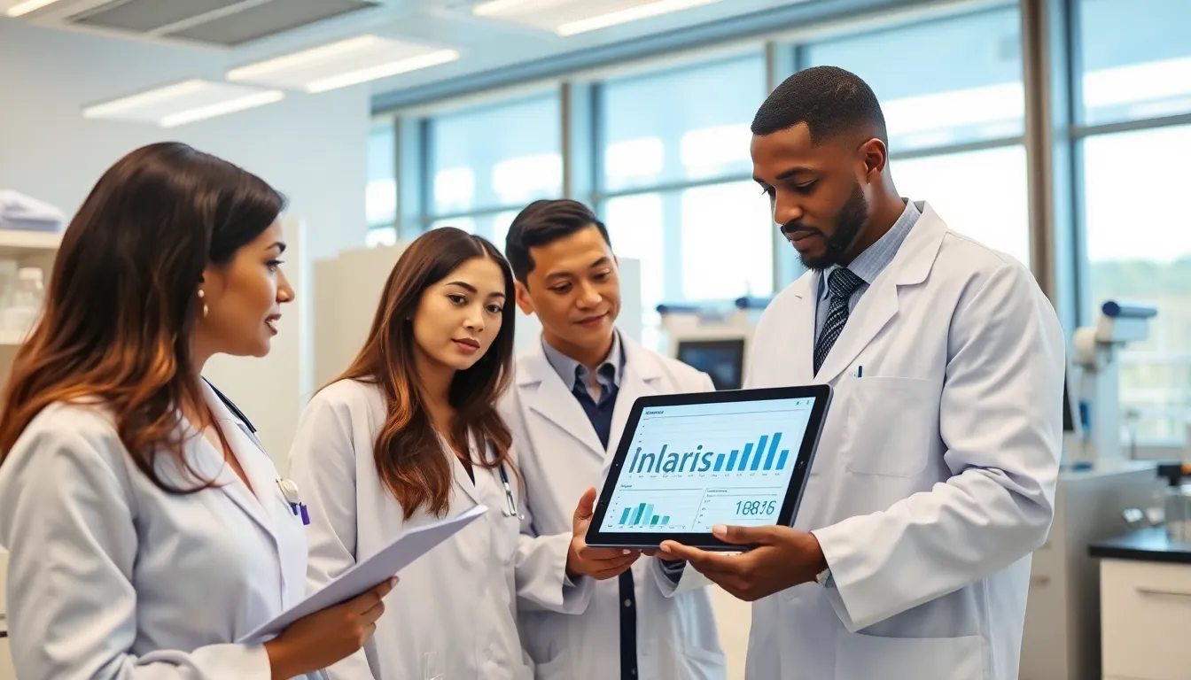 diverse healthcare professionals discussing Inlarisa in a modern lab.