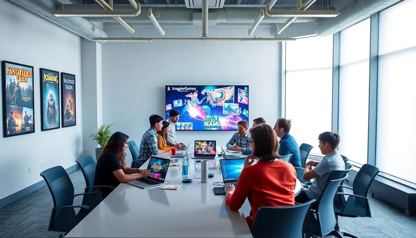 diverse team collaborating on game development in a modern office.