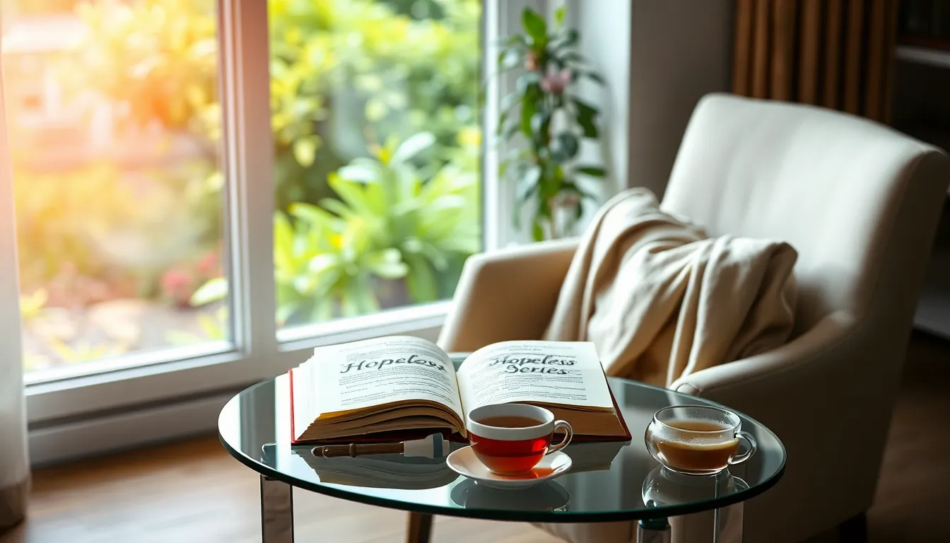 cozy reading nook featuring the Hopeless Series books.
