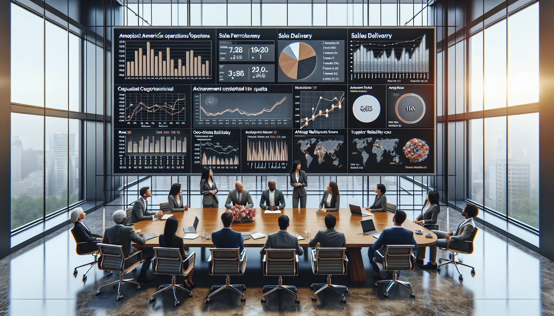 Diverse operations team reviewing Tableau-style sales, project, and logistics dashboards in a meeting.