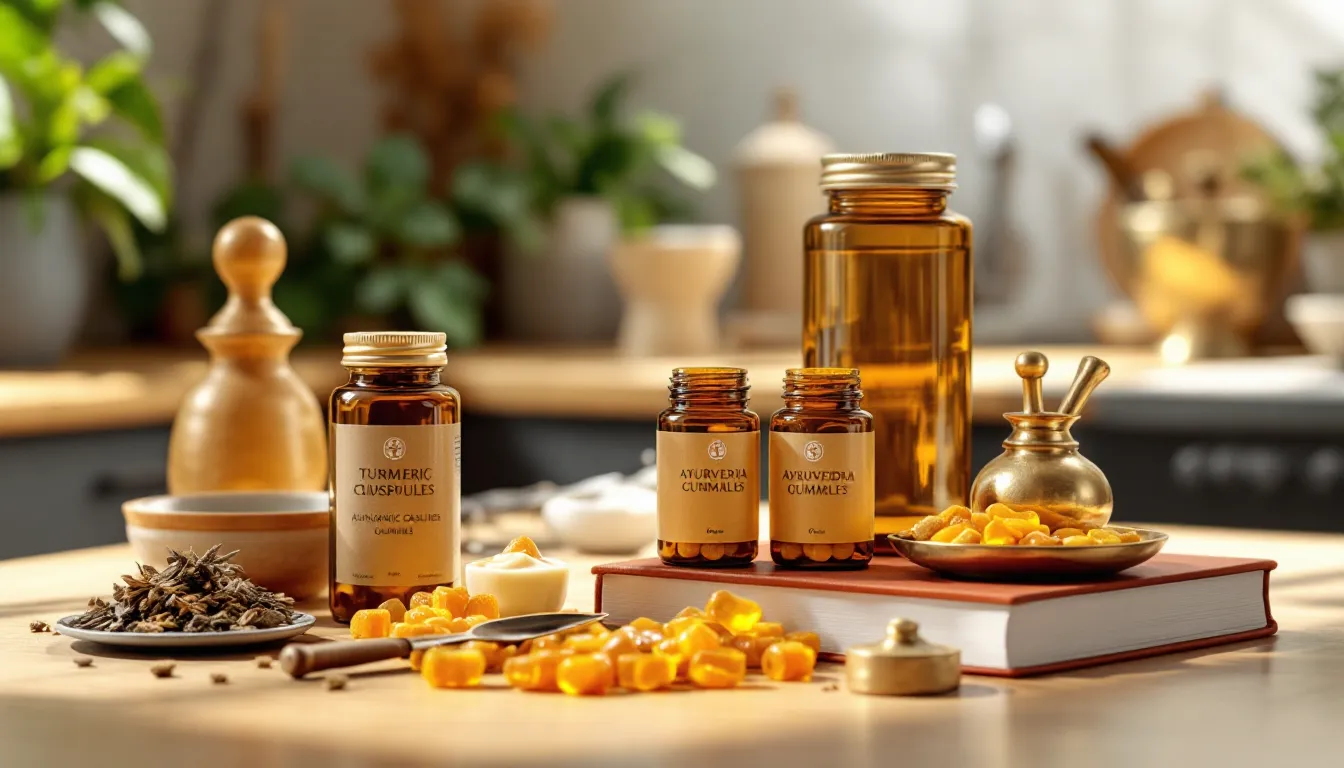 Ayurvedic tools and text beside supplement bottles on a sunlit kitchen counter.