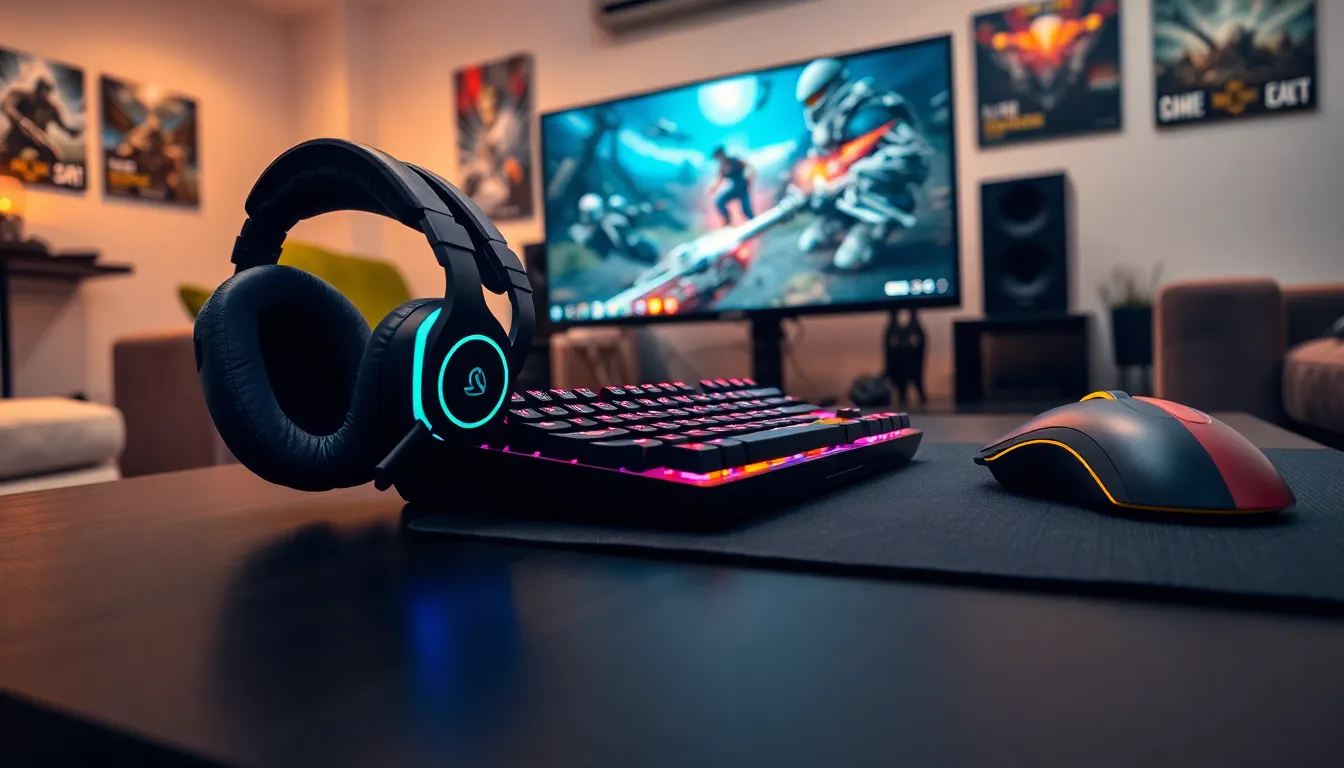a gaming setup with headset, keyboard, mouse, and monitor.