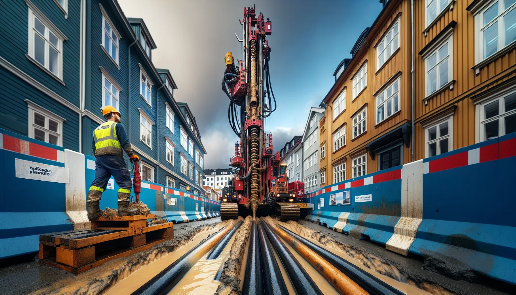 Hdd rig installs pe pipe as crews perform trenchless methods on a norwegian street.
